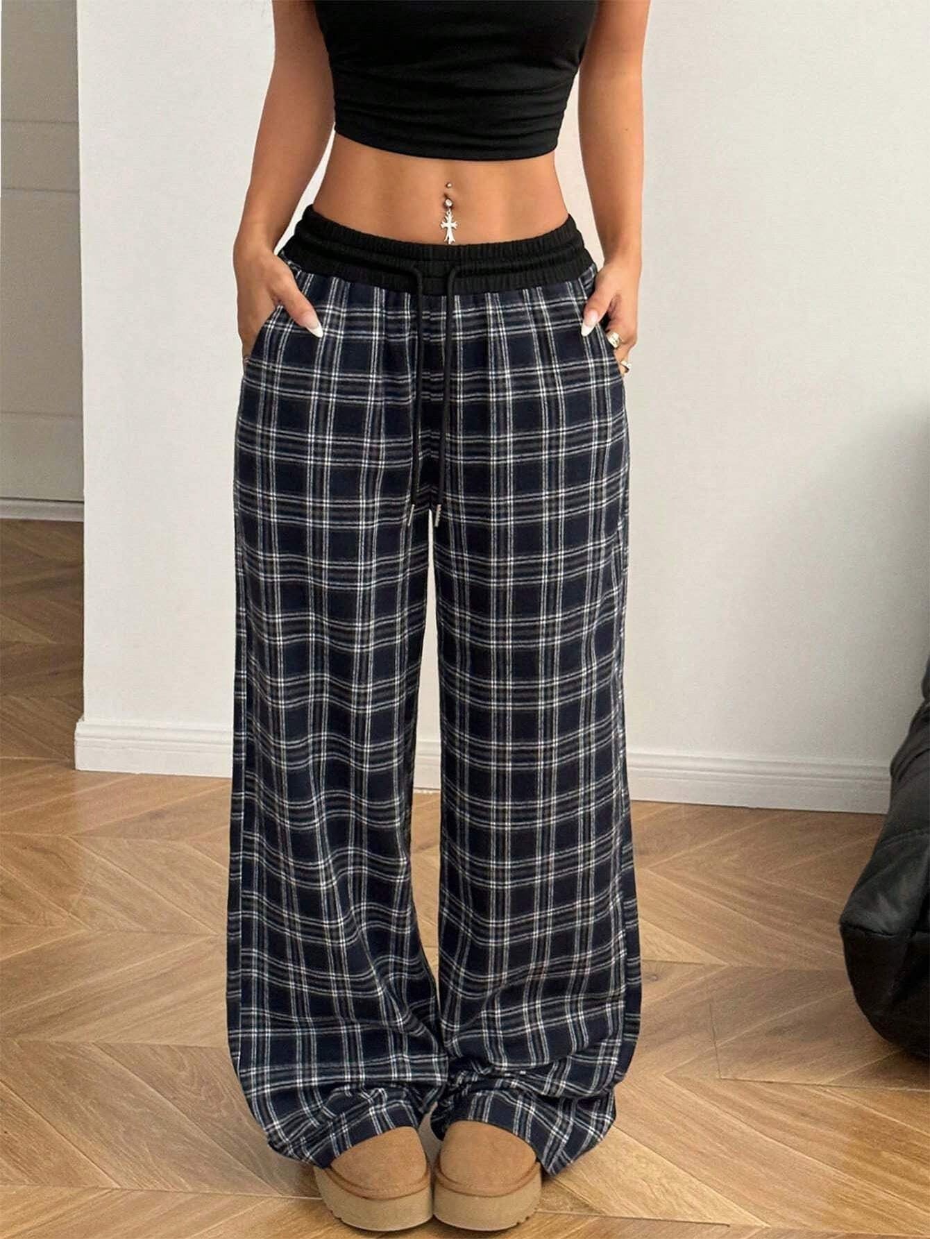 Loose Lazy Style Straight Leg Plaid Patchwork High Waist Drape Casual Sweatpants 
