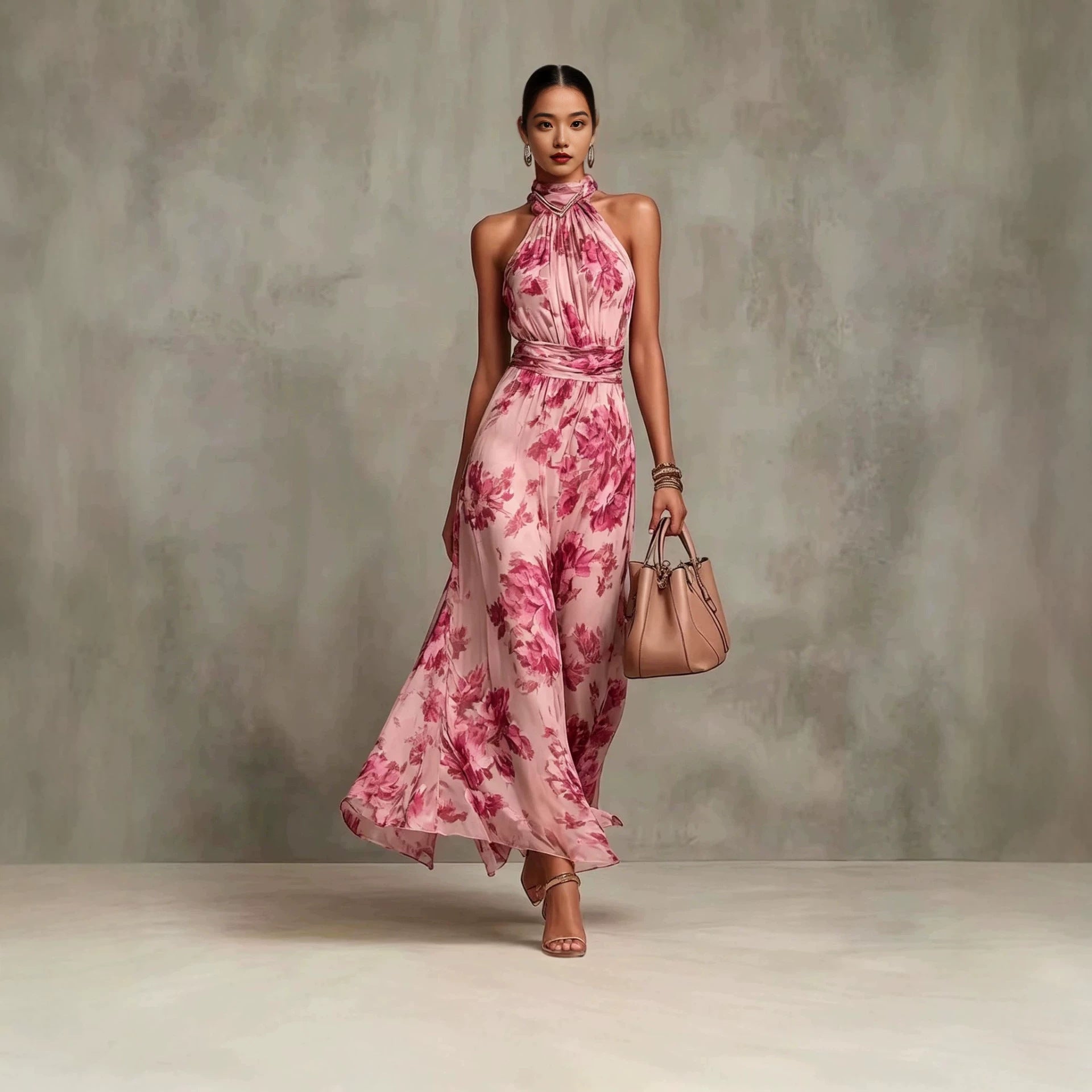 Neck-hanging Printed Chiffon Maxi Dress 