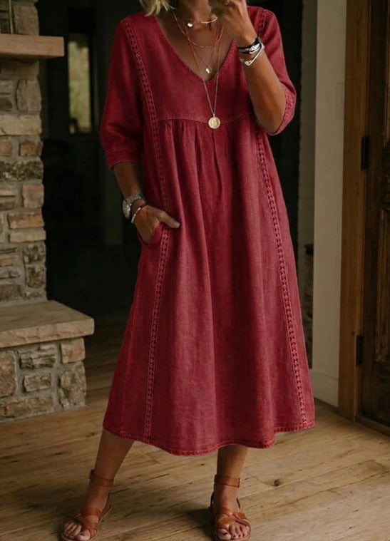 Casual Loose V-Neck Lace Trim Linen Cotton Dress 