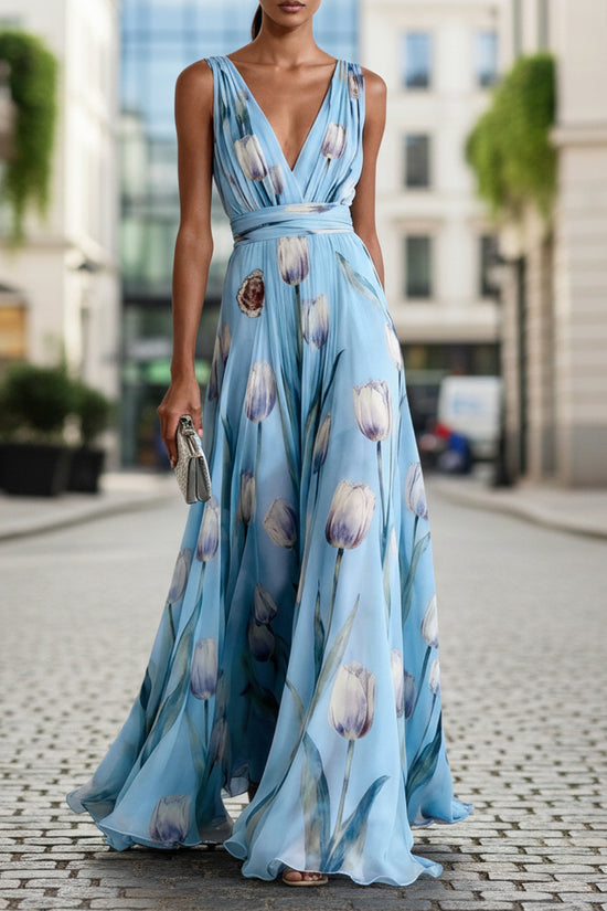 Tulip Print Evening Dress for Women Sleeveless V-Neck Long Dress 