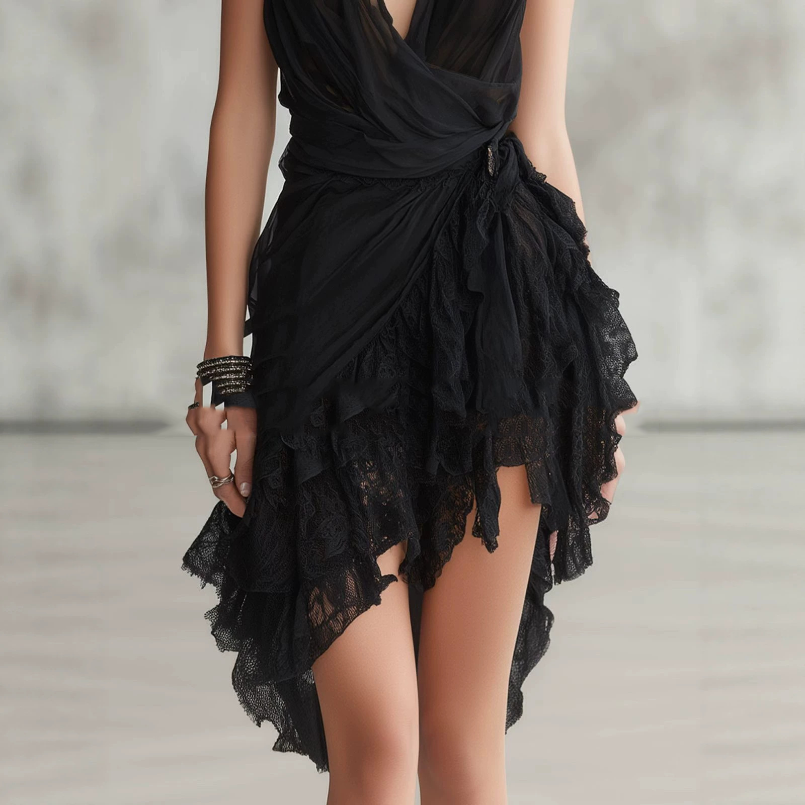 Summer New Black Strap Deep V-neck Chiffon Lace Dress 
