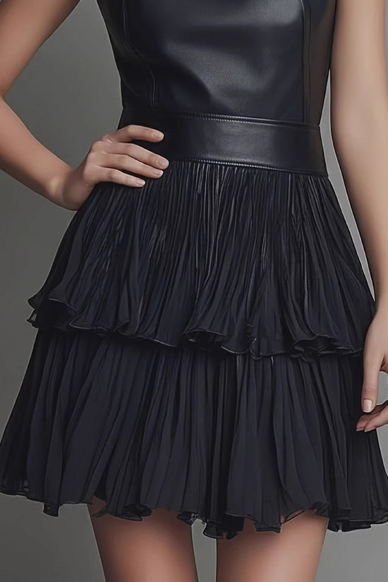 New short dress, sexy sleeveless PU leather spliced dress, elegant double-layer pleated ruffle hem skirt 