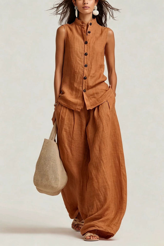 Womens Casual Cotton-Linen Sleeveless Crew-Neck Vest Top And Pants Two-Piece Set 