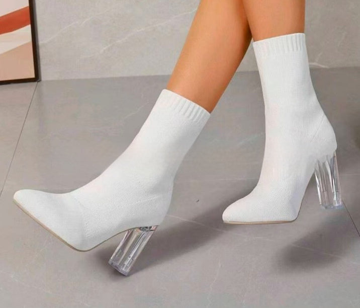 New Winter Fashion Minimalist Chunky-heeled Knitted Suede Ankle Boots With Pointed Toes For Women 