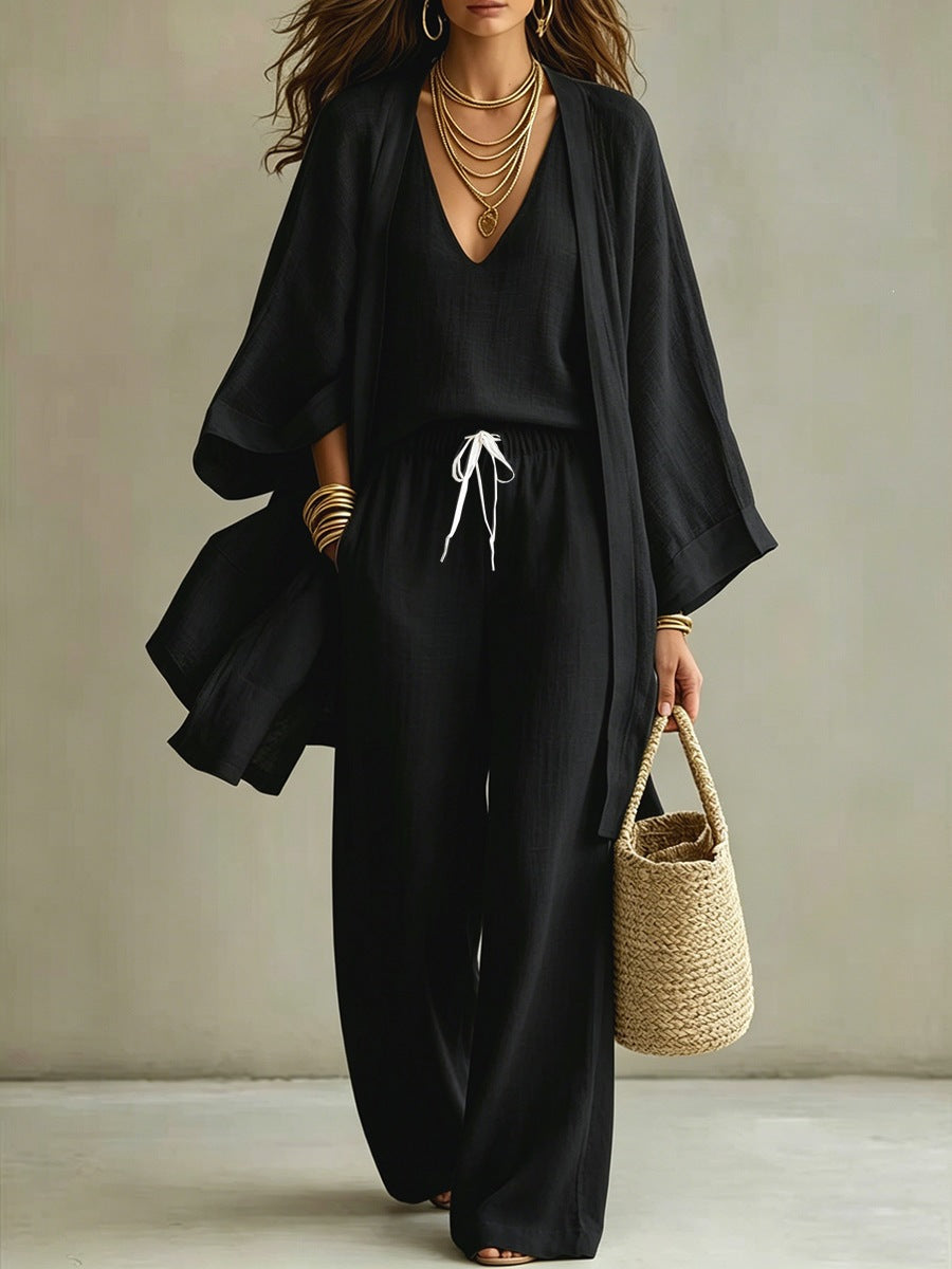 Loose cardigan sleeveless vest long pants three piece set for women