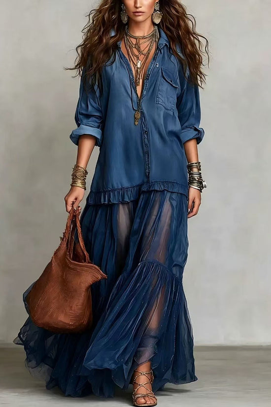 Vintage Denim-like Long Dress Casual Style 