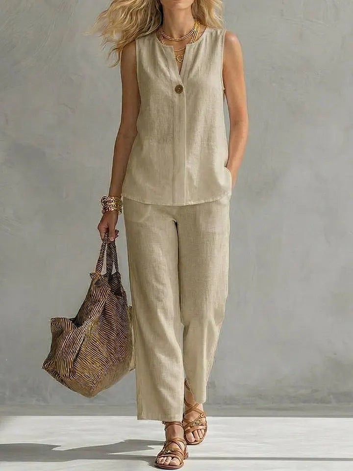 Casual Womens Sleeveless V-Neck Top Set 