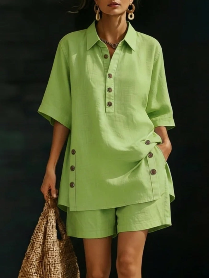 Womens Short-Sleeve Shirt And Loose Pants Two-Piece Set 