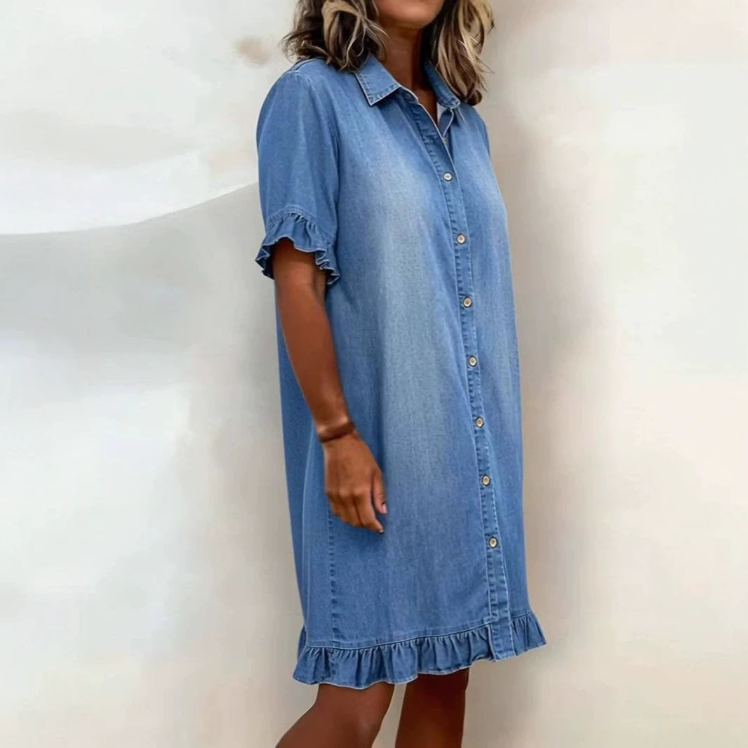 Solid-color Faux Denim Ruffled-edge Shirt Dress 