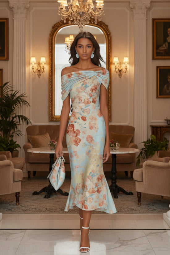 Digital Print Off-Shoulder Short Sleeve Floral Elegant Long Dress 