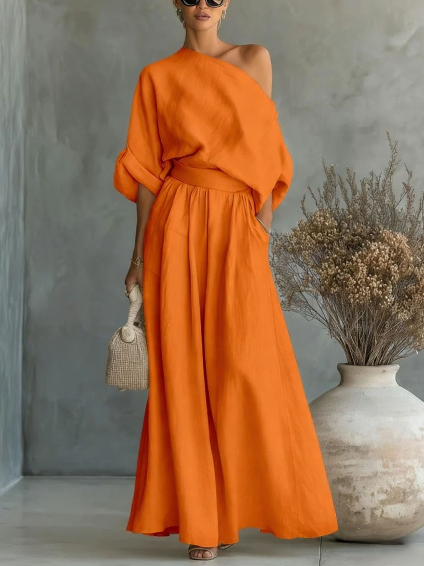 Cropped Off-shoulder Top And Pants Two-piece Set 