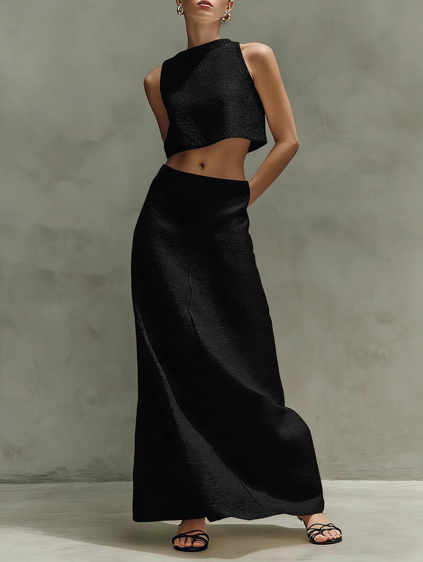 Summer Stylish Slimming Sleeveless Maxi Dress Elegant Two-Piece Set 
