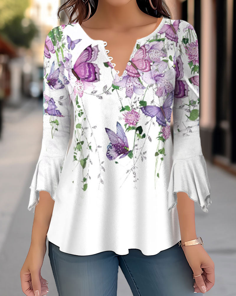🌸 Asymmetrical Spike Button 3/4 Sleeve T-Shirt – Effortless Chic 