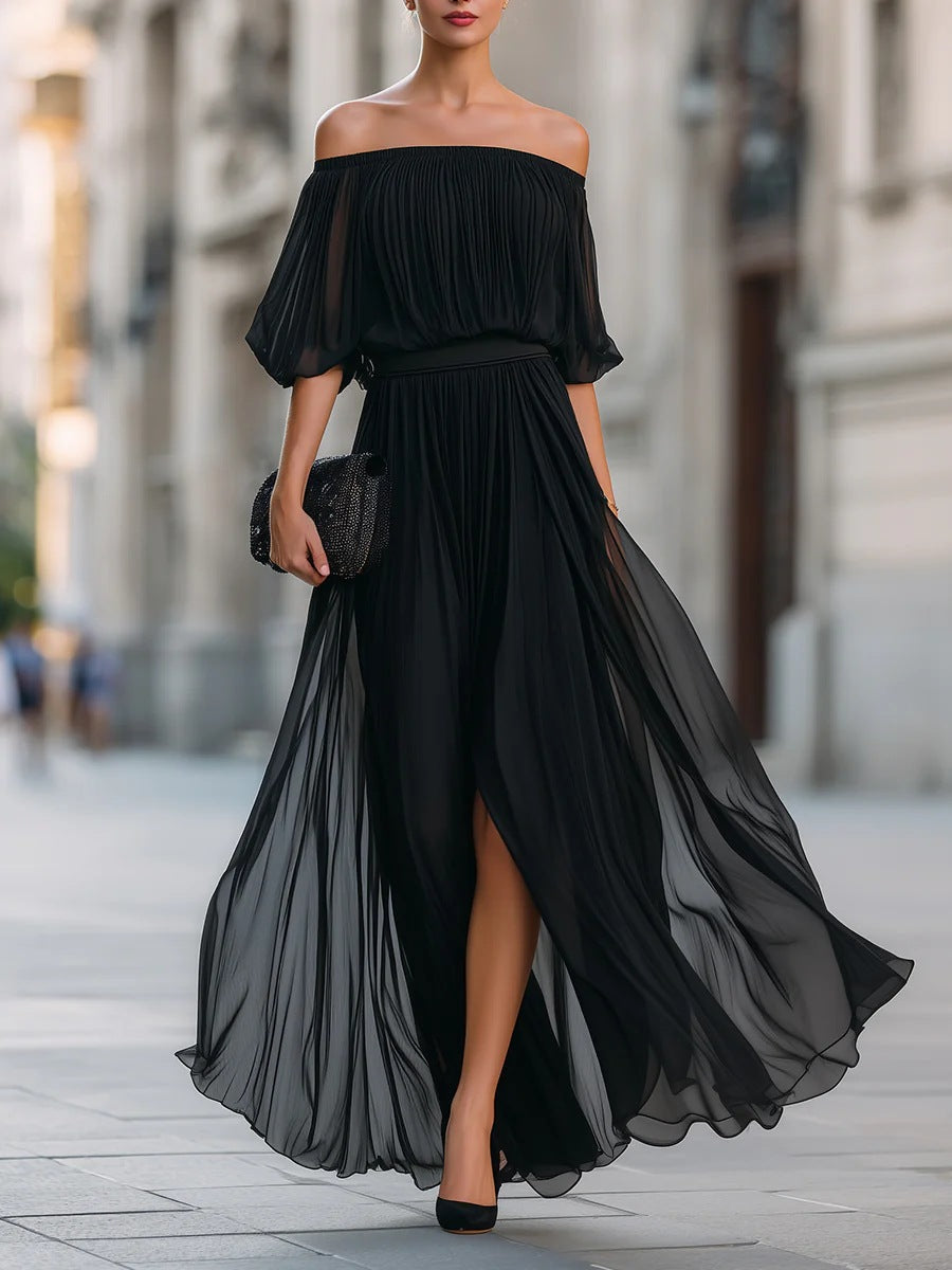 New Black Chiffon Maxi Dress with Split, One-Shoulder Design, Flowing and Draping Skirt 