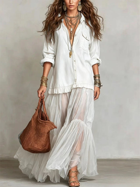 Vintage Denim-like Long Dress Casual Style 