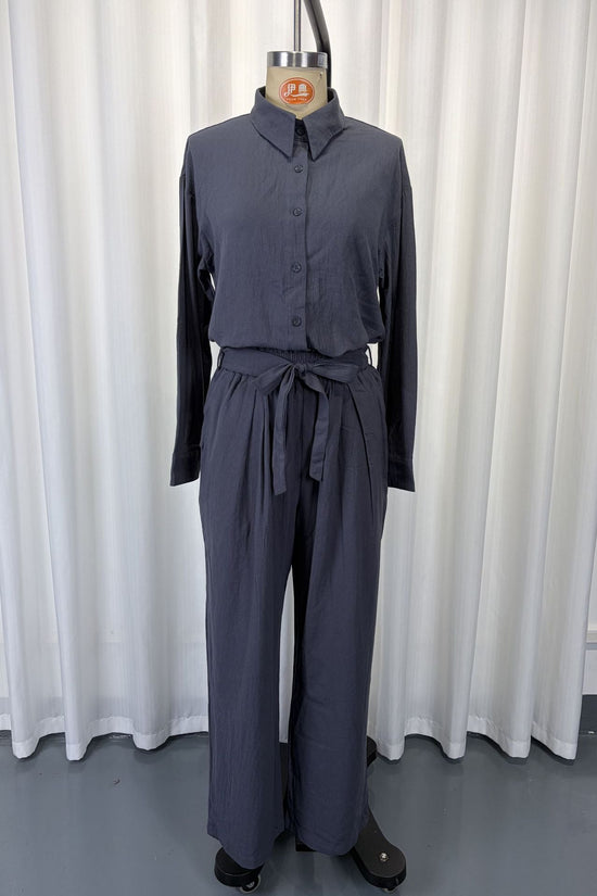 Linen-Look Shirt & Wide-Leg Trouser Set | Drawstring Waist 2-Piece | Gray 