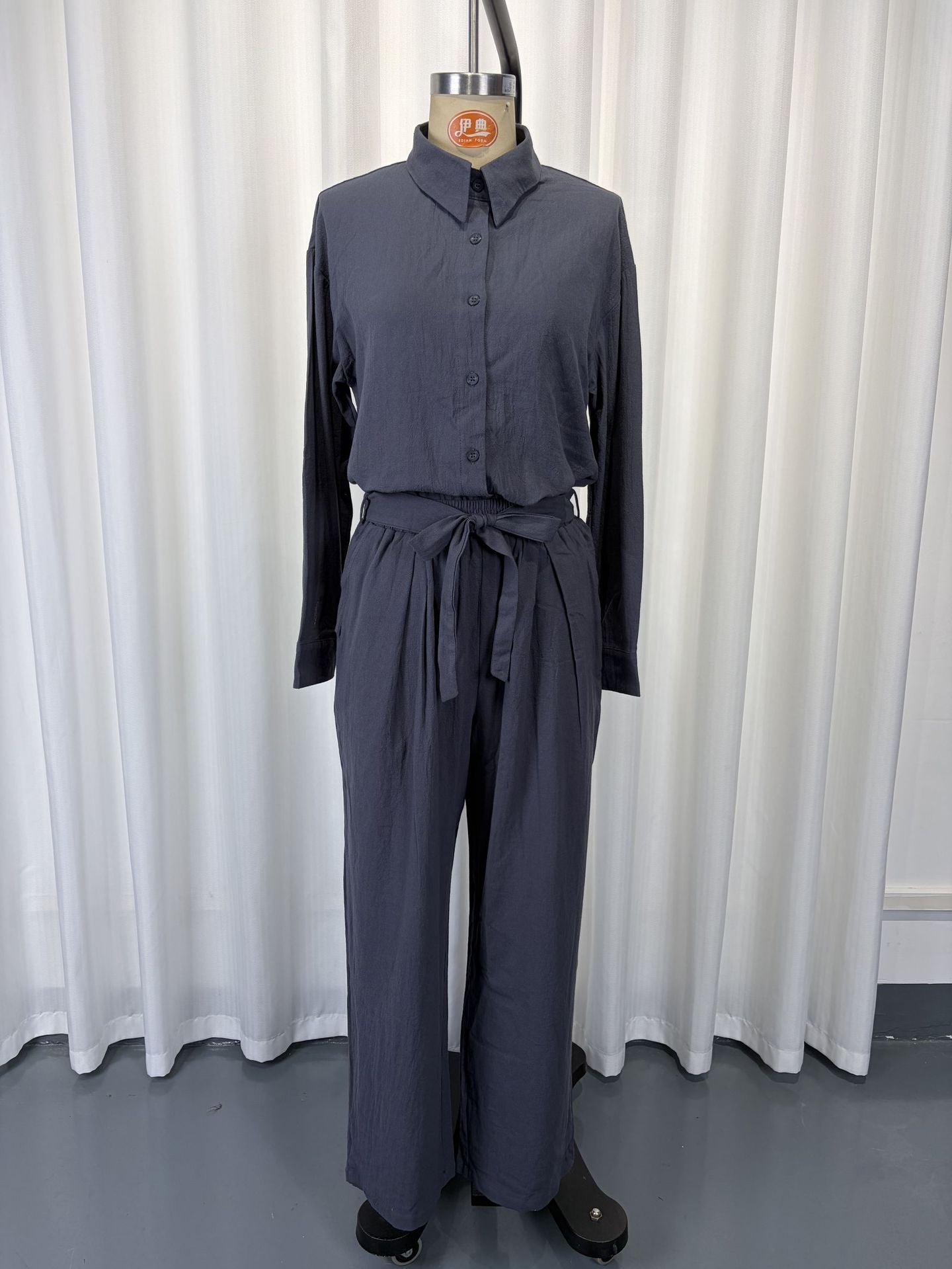 Linen-Look Shirt & Wide-Leg Trouser Set | Drawstring Waist 2-Piece | Gray 