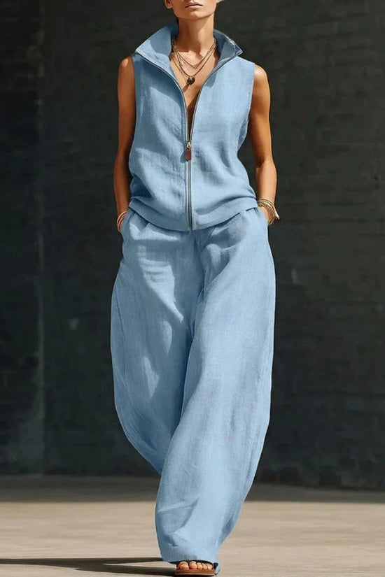 Sleeveless Stand Collar Zippered Linen Cotton Two-Piece Set 