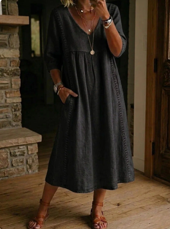 Casual Loose V-Neck Lace Trim Linen Cotton Dress 