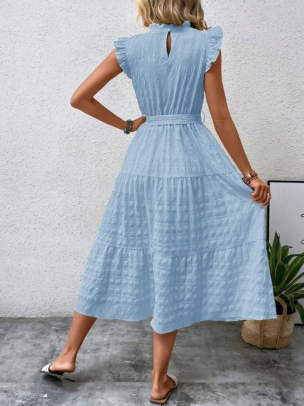 Tied Ruffled Cap Sleeve Midi Dress 