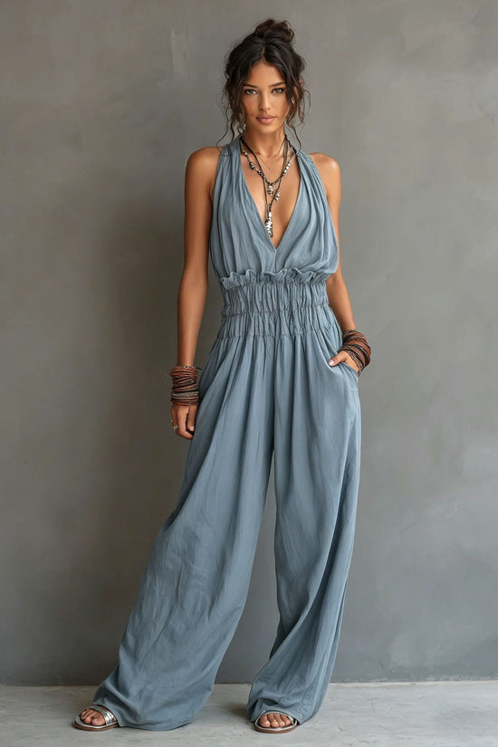 Strap-style V-neck Sleeveless Waist-cinching One-piece Suit 