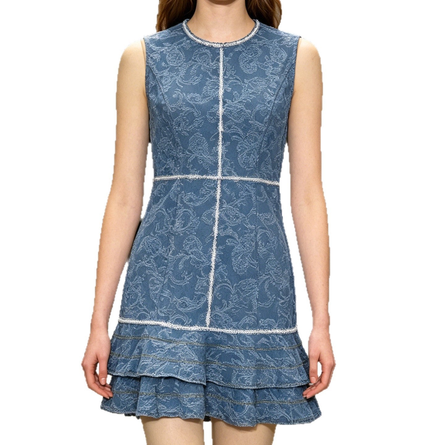 Sleeveless blue and white print element denim blue dress 