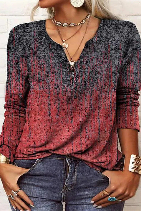 Women's Casual Ethnic Style V-neck Long-sleeved T-shirt 