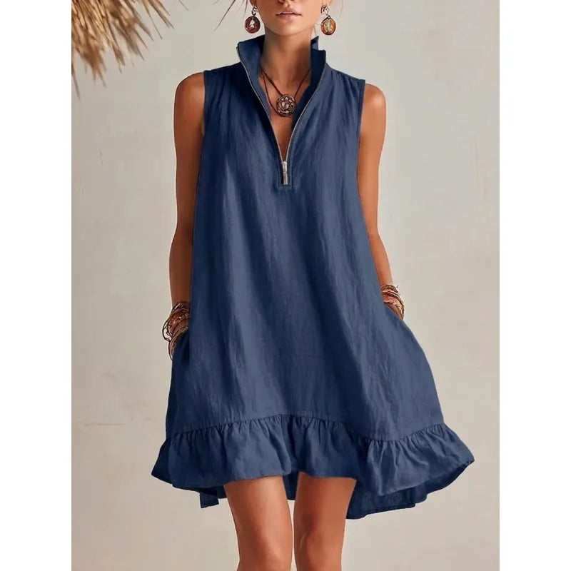 Women's Casual Loose Half-Zip Sleeveless Dress with Ruffle Hem 