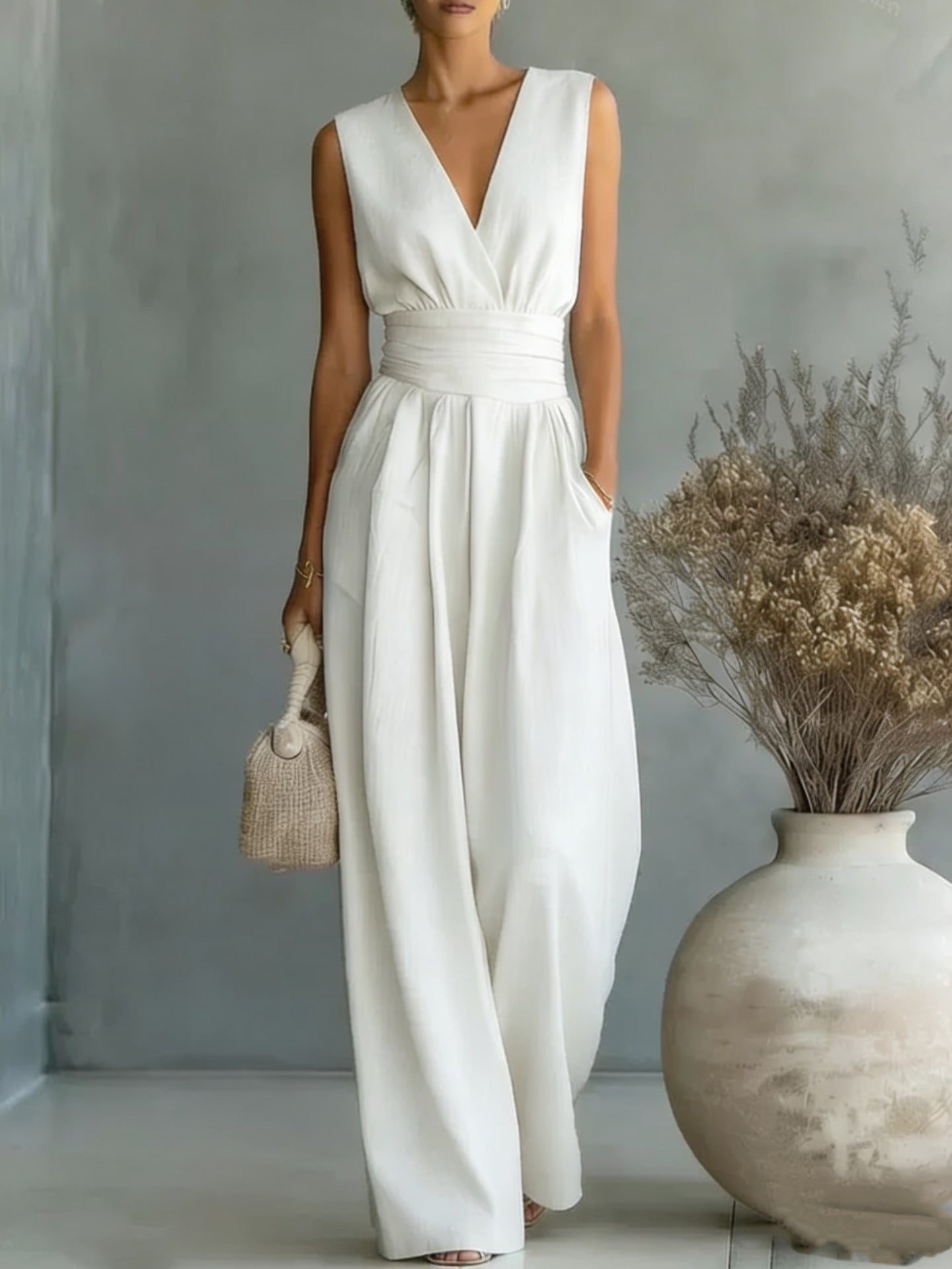 Womens Elegant Sleeveless Waist-Cinching V-Neck Sophisticated Jumpsuit 