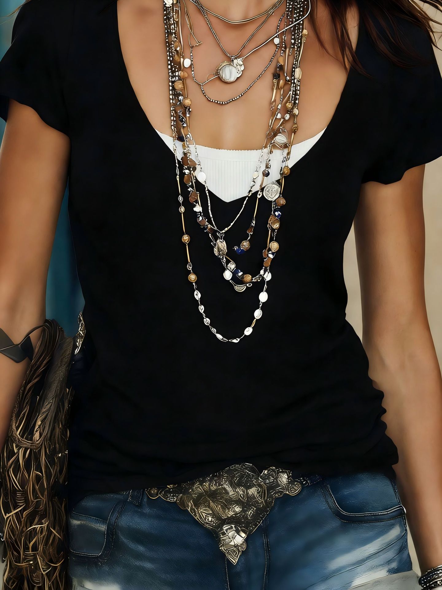 Women's Casual Fashion Solid Color Fake Two-Piece Short-Sleeve T-Shirt 