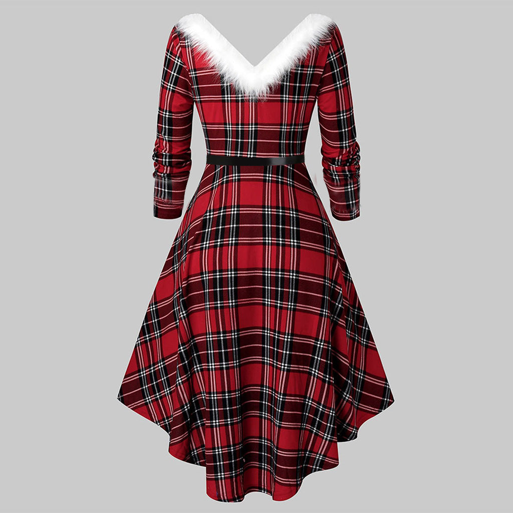 Christmas Women's Fur Patchwork V-neck Long Sleeved Dress CJ
