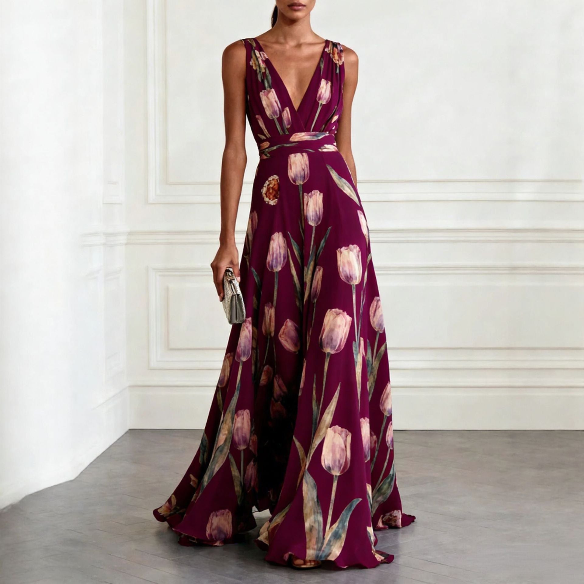 Elegant Tulip Print Evening Dress for Women Sleeveless V-Neck Chiffon Long Dress 