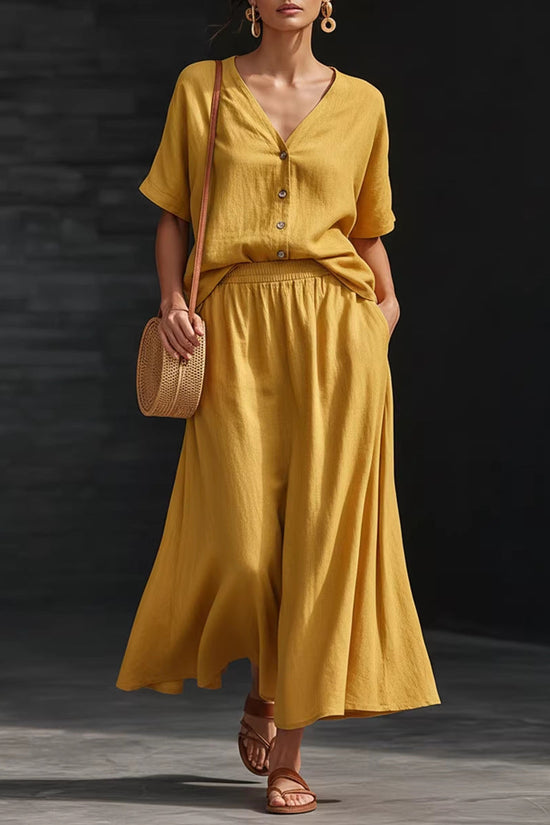 Cotton-linen V-neck Button-up Short-sleeve Top And Skirt Set 