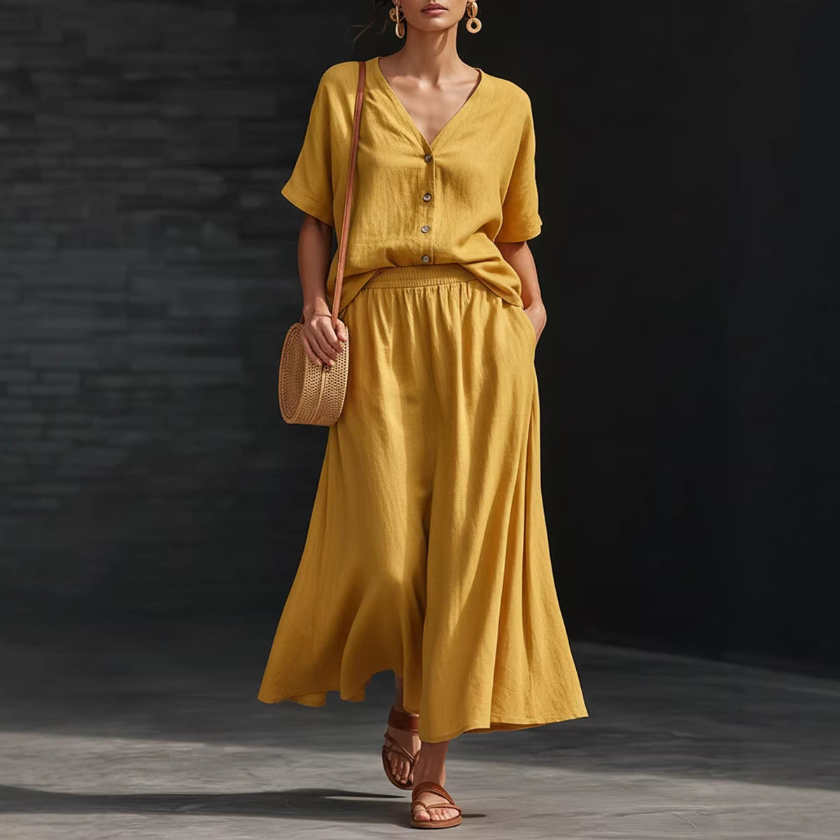 Cotton-linen V-neck Button-up Short-sleeve Top And Skirt Set 