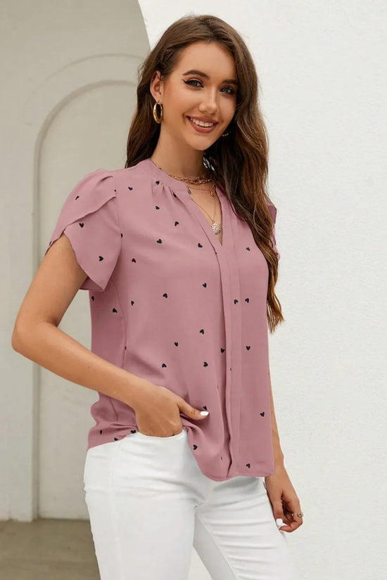 V-neck heart-shaped petal sleeve shirt with elegant women's top 