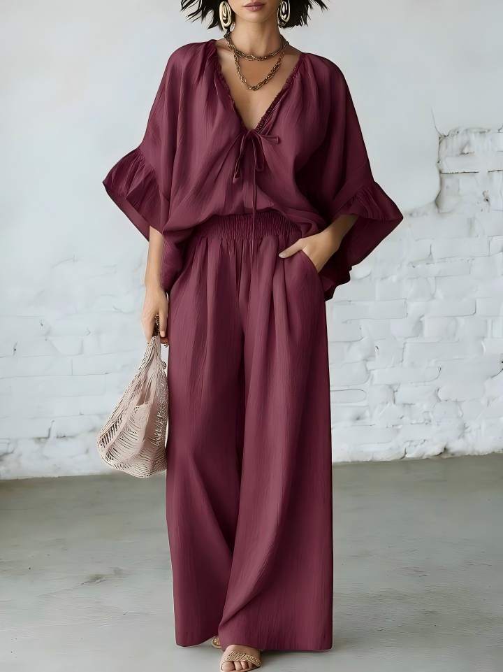 Loose-fit Cotton-linen V-neck Wide-leg Pants Two-piece Set 