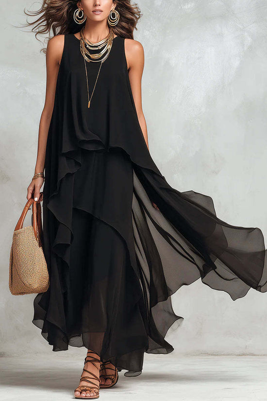 Black Sleeveless Asymmetrical Chiffon Maxi Elegant Flowing Womens Dress 
