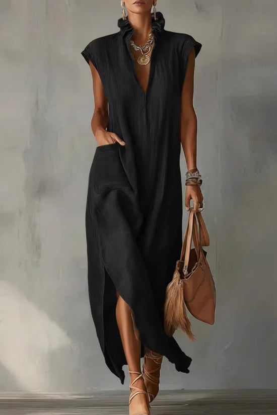 Women's Cotton-Linen Sleeveless Solid-Color Dress 