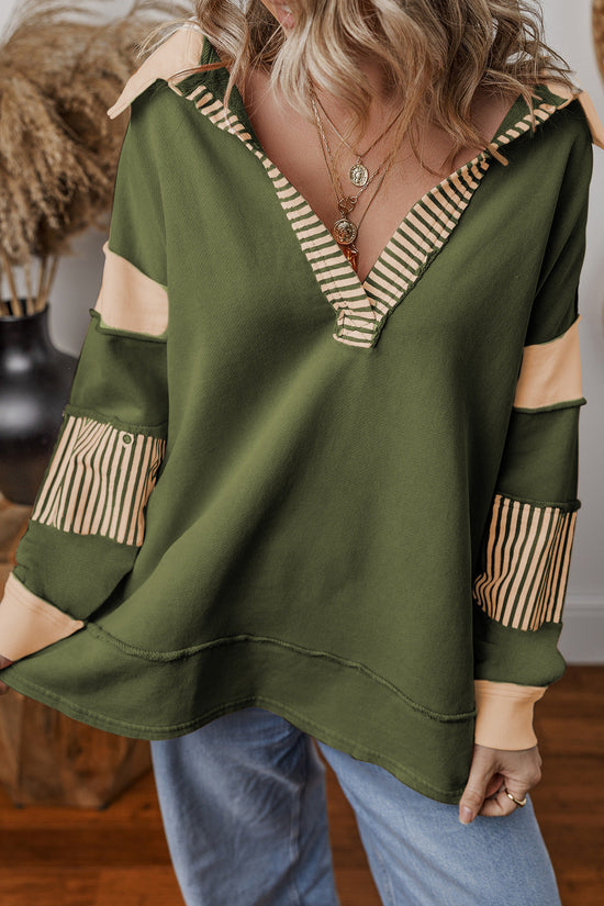 Casual Versatile Deep V-Neck Long Sleeve Loose Sweatshirt Top with Stripe Color Block Design 