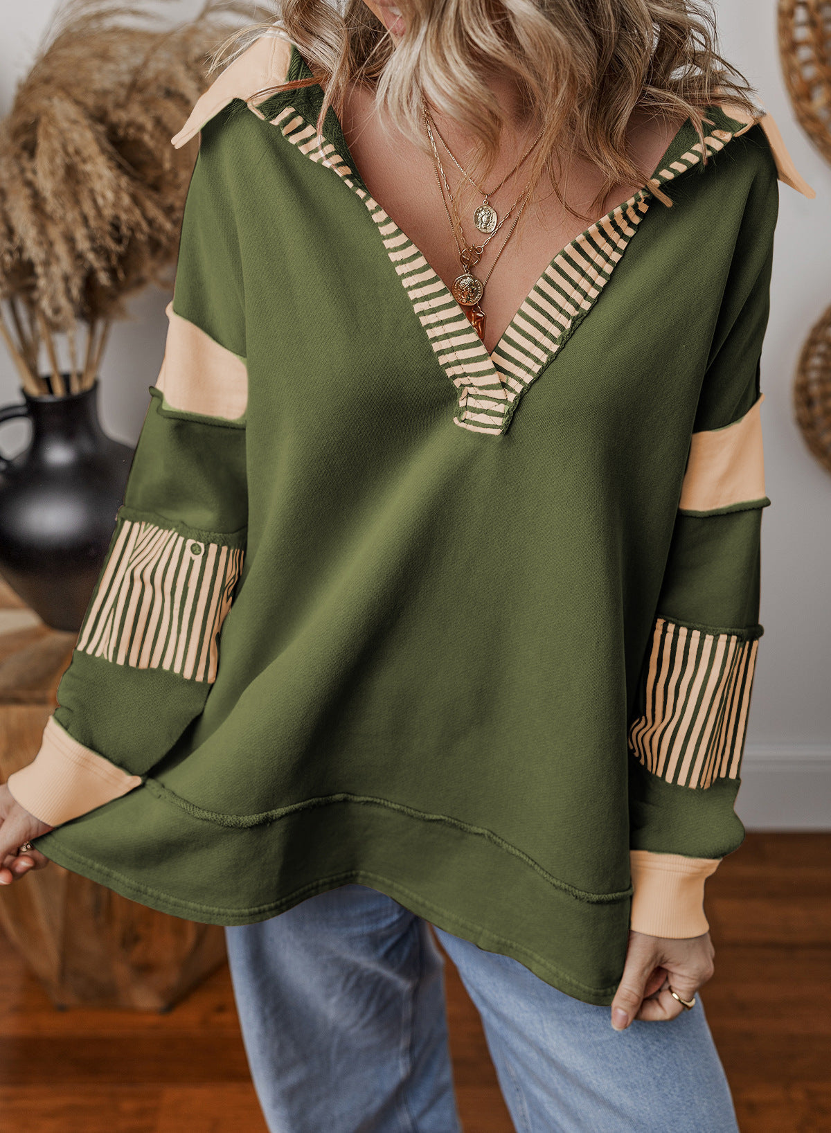 Casual Versatile Deep V-Neck Long Sleeve Loose Sweatshirt Top with Stripe Color Block Design 