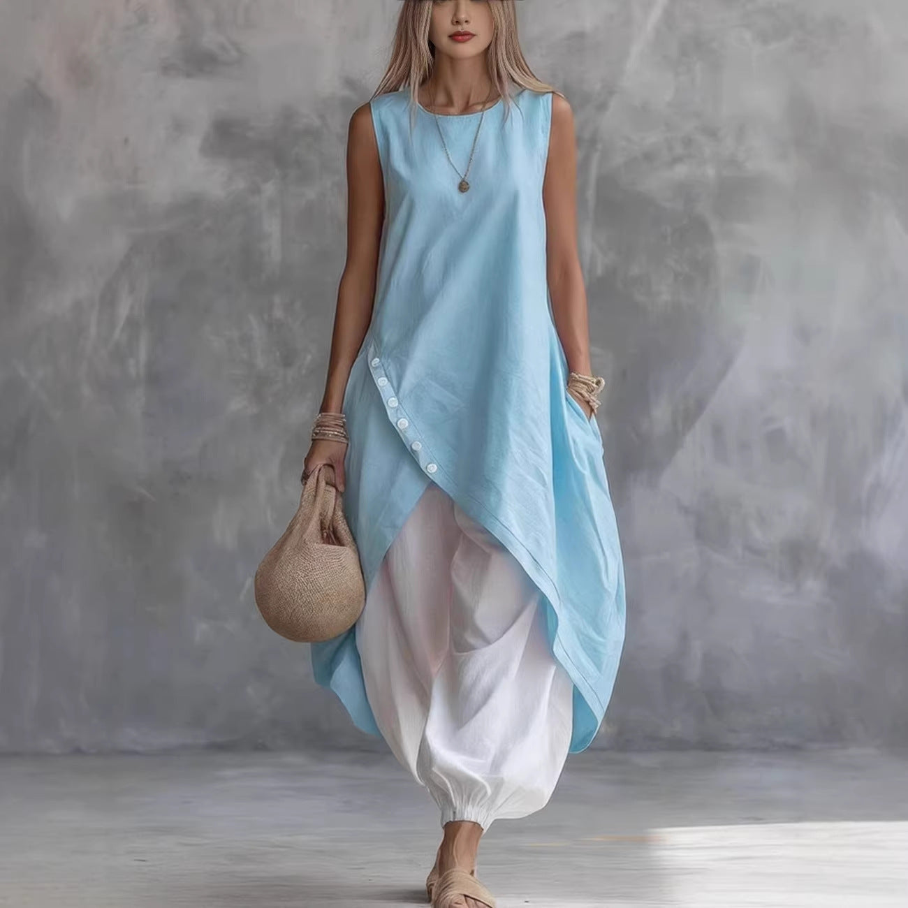 Solid Color Sleeveless Loose Pocketed Mid-Length Dress Set 