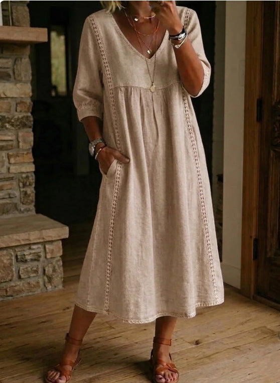 Casual Loose V-Neck Lace Trim Linen Cotton Dress 