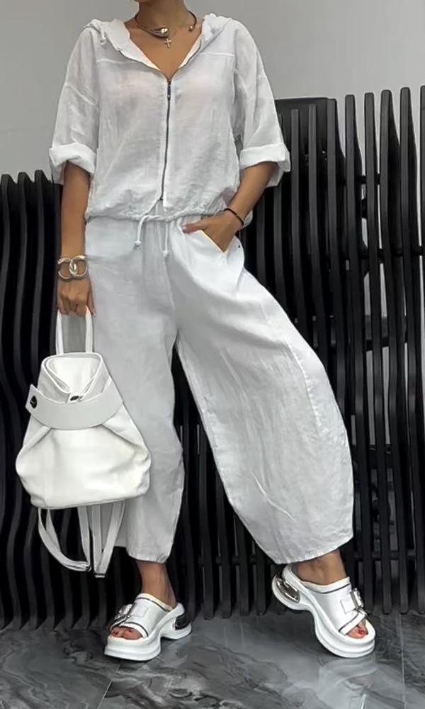 Cotton And Linen Womens Casual Fashion Long-Sleeve Top And Pants Two-Piece Set 