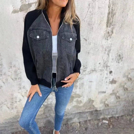 Women's Denim Patchwork Zip-Up Jacket 