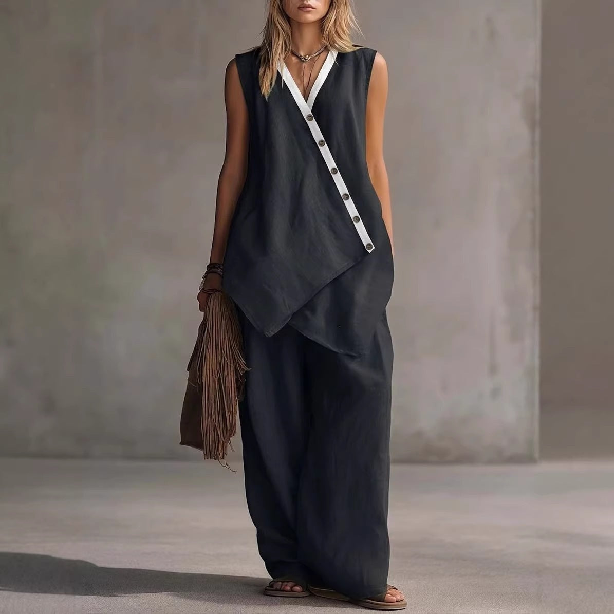 Bohemian Solid-Colored V-Neck Irregular-Button Vest And Wide-Leg Pants Set 