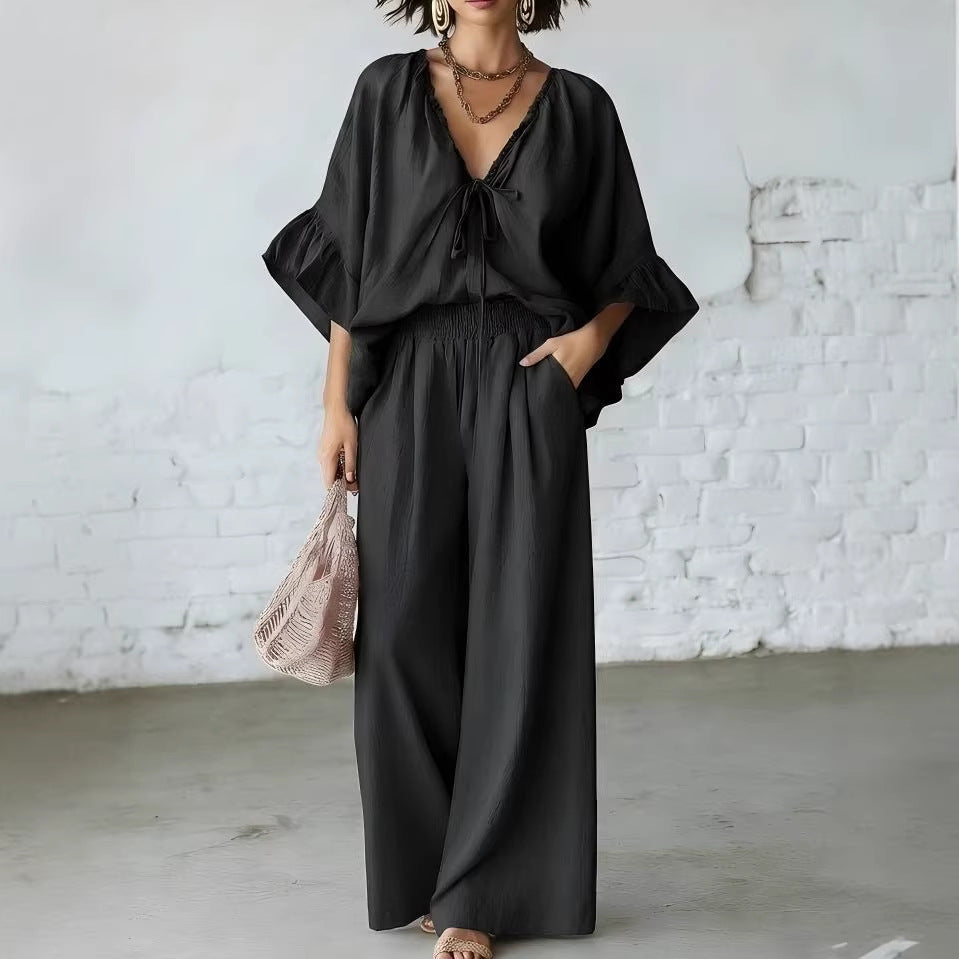 Loose-fit Cotton-linen V-neck Wide-leg Pants Two-piece Set 