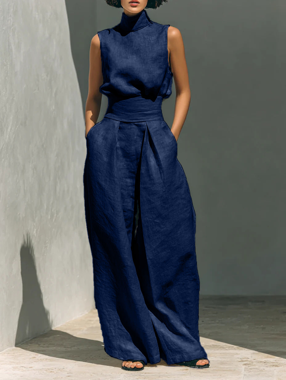 Women’s Cotton Linen Two-Piece Set – Sleeveless Top & Wide-Leg Pants 