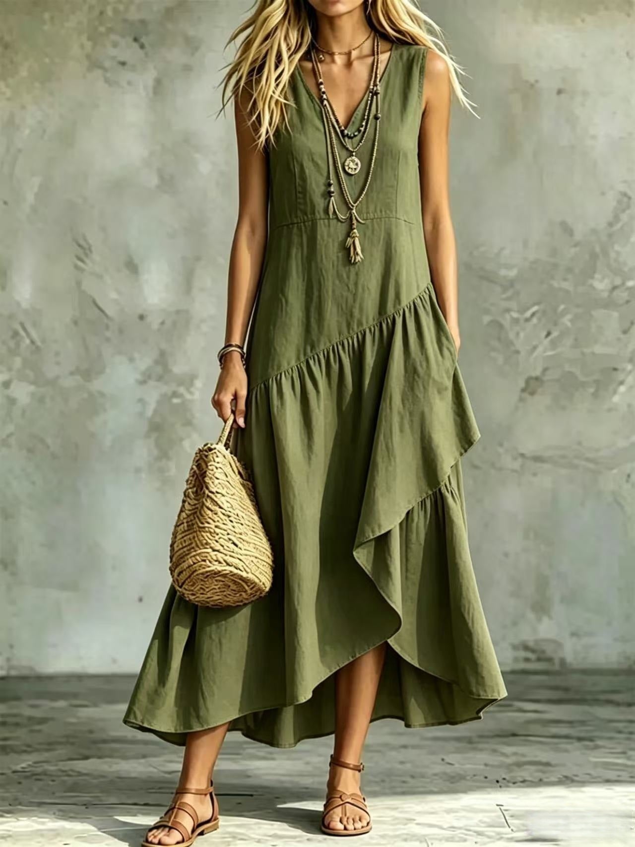 Women's Casual Solid-Color Loose Sleeveless Dress 