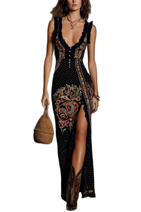Style Digital Print Sleeveless Split Long Dress 