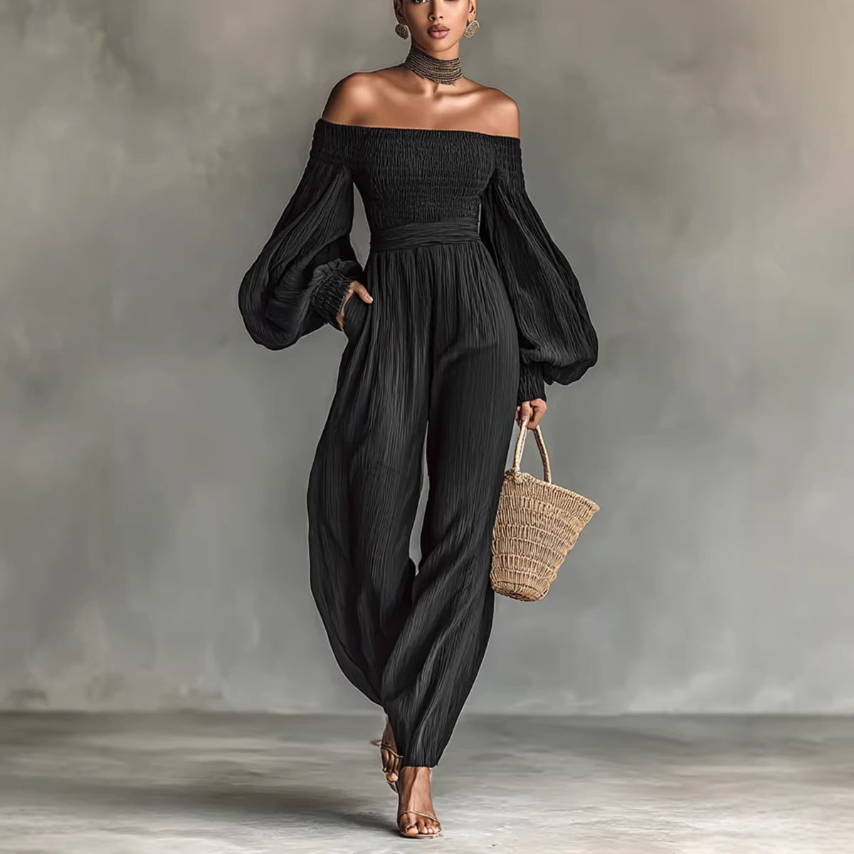 Style Off-Shoulder Lantern Sleeve Pleated Loose Jumpsuit for Women 